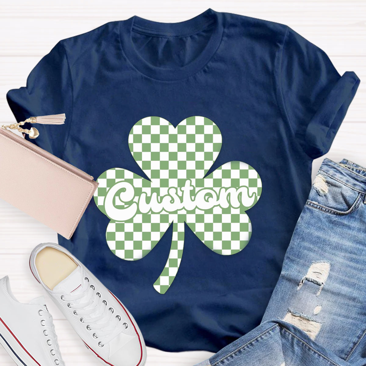 Personalized Name Checkered Clover Teacher T-Shirt