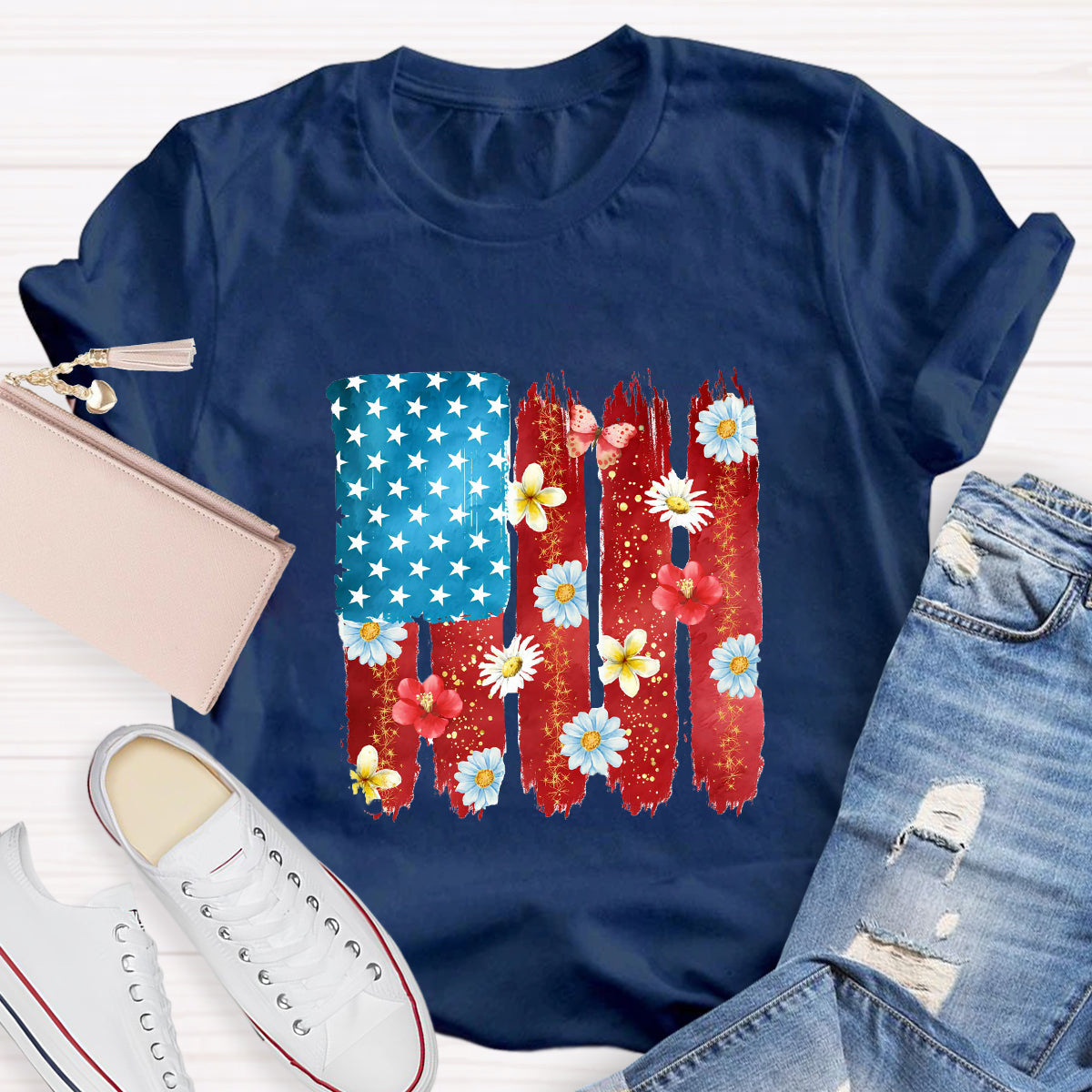 US Flag Flower Strip Star Teacher T-Shirt