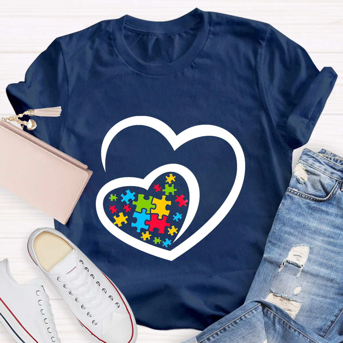 Love Ribbon Heart Puzzle Autism Awareness T-Shirt