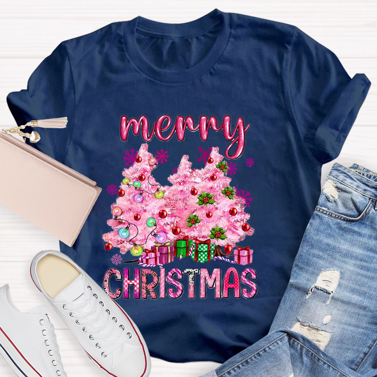 Pink Tree Christmas Teacher T-Shirt