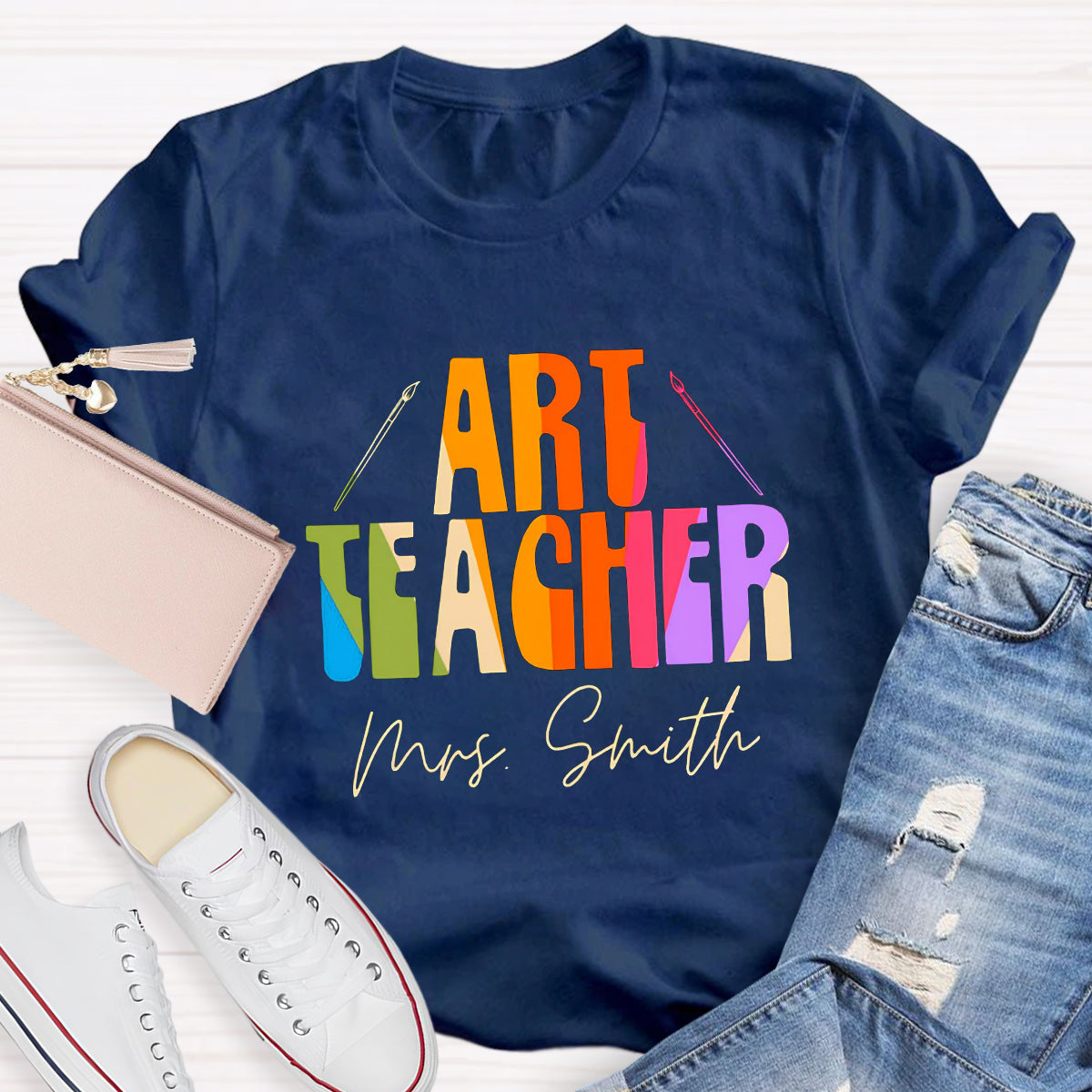 Personalized Name And Art Simple Color Teacher T-Shirt