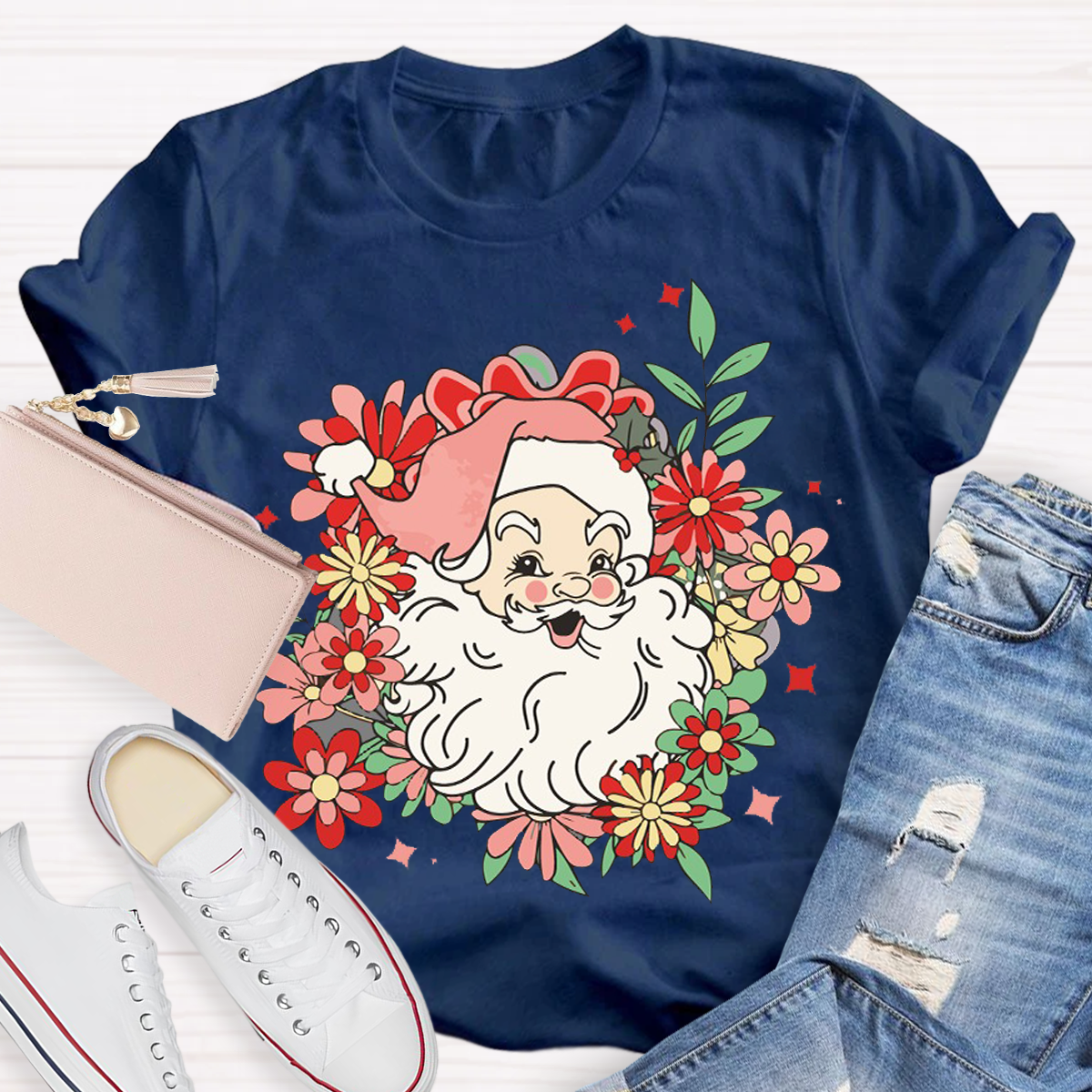 Flower Design Santa Christmas Teacher T-Shirt