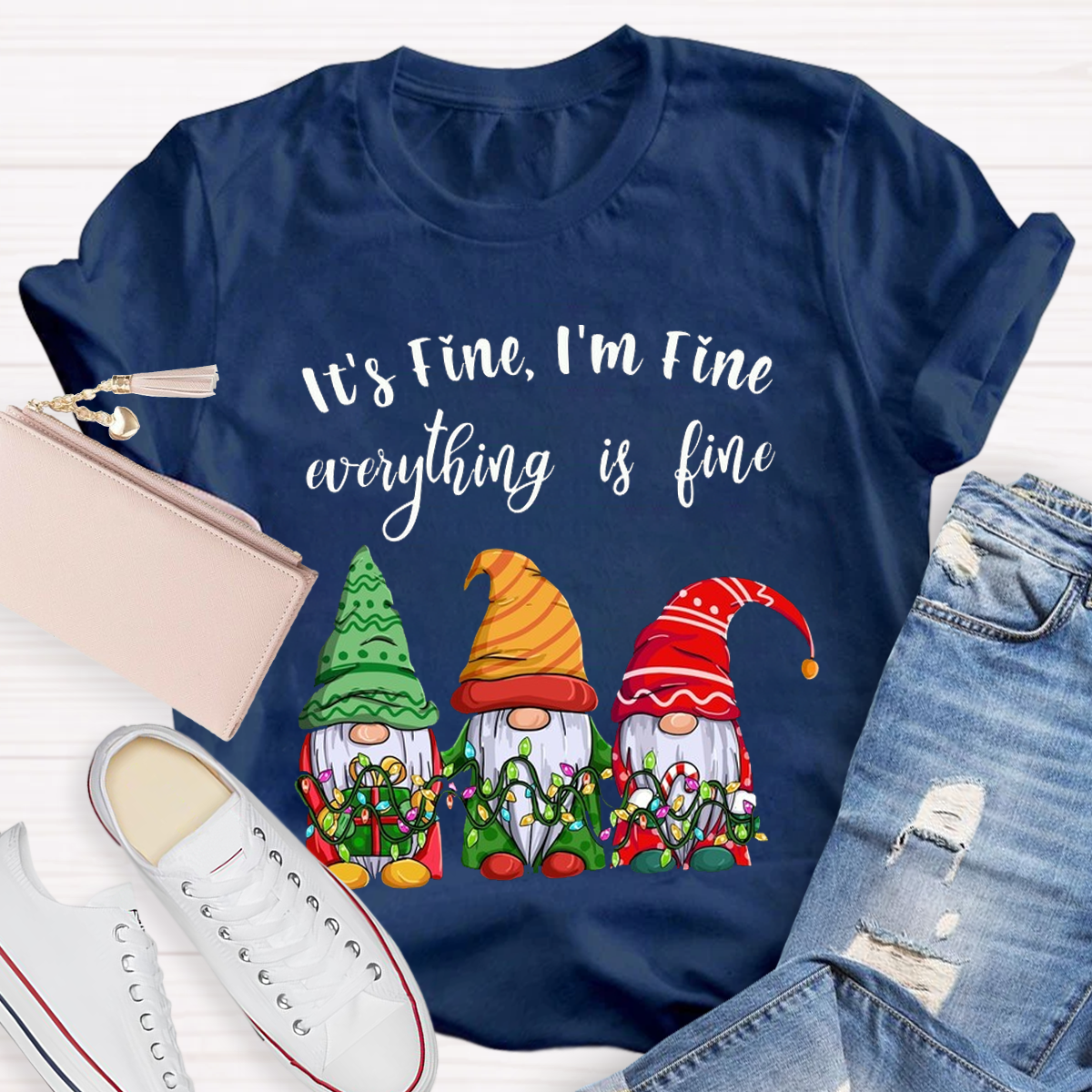 It's Fine I'm Fine Everything Is Fine Gnome Christmas Teacher T-Shirt