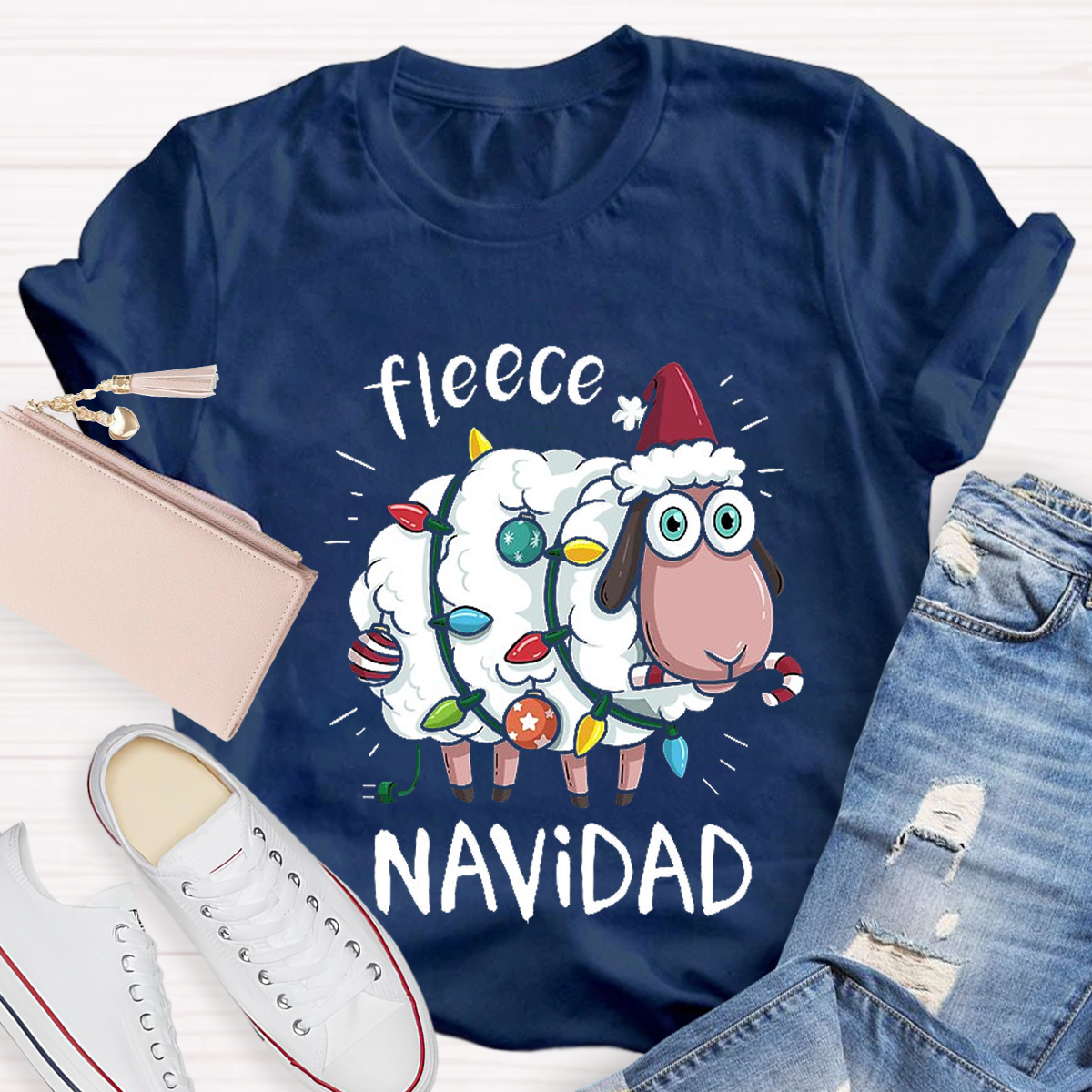 Feliz Navidad Sheep Fleece Funny Christmas Lights Teacher T-Shirt