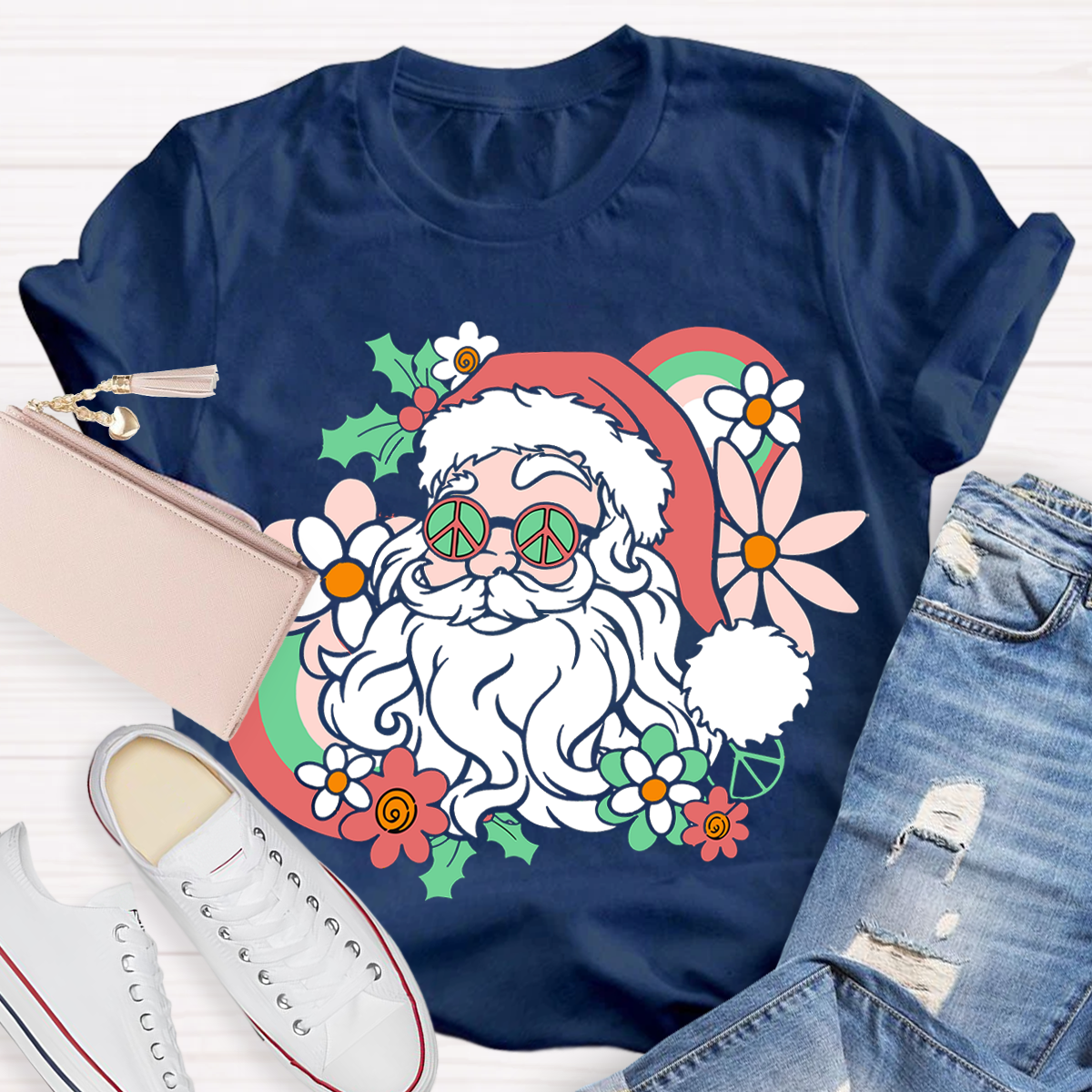 Hippie Santa Groovy Peace Christmas Teacher T-Shirt