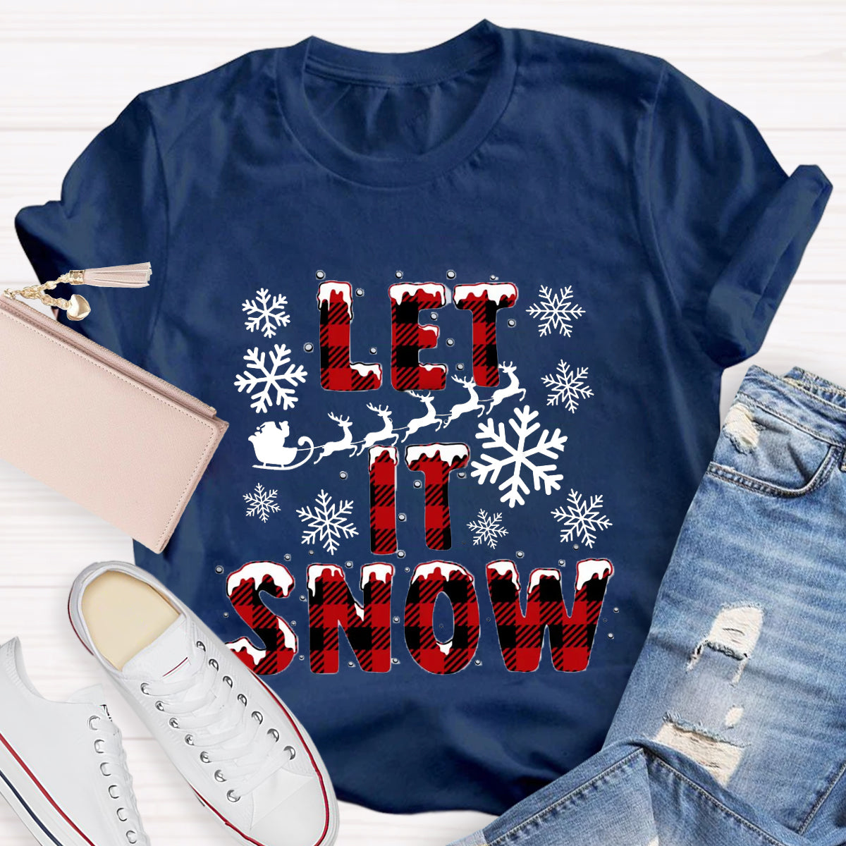 Let It Snow Red Plaid Teacher T-Shirt