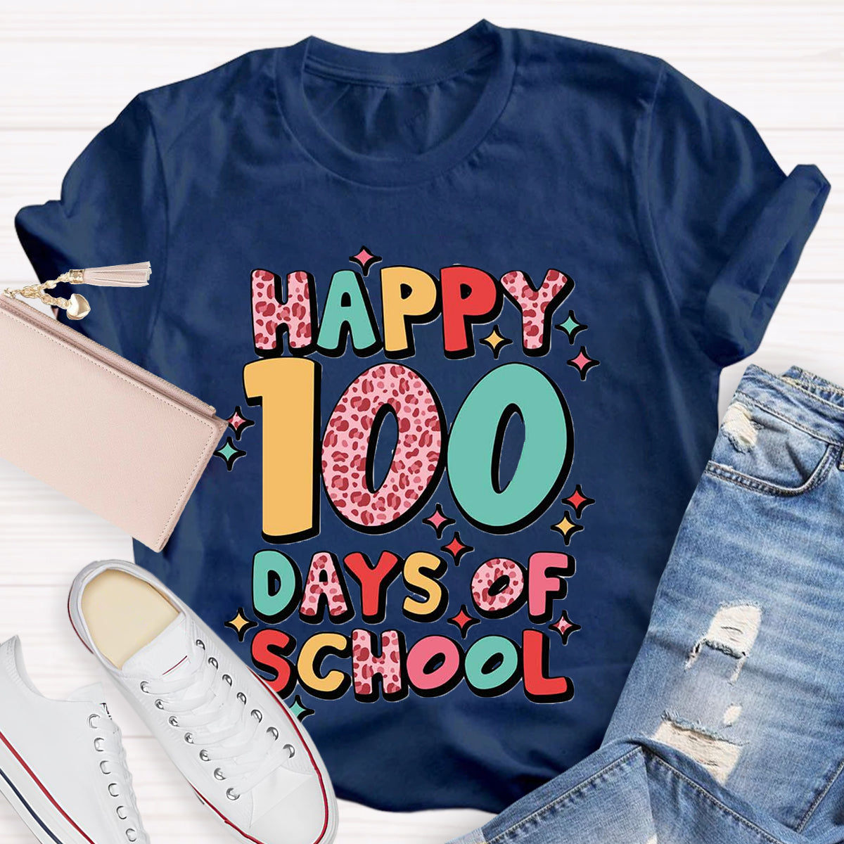 Pink Leopard Happy 100 Days Of School Teacher T-Shirt