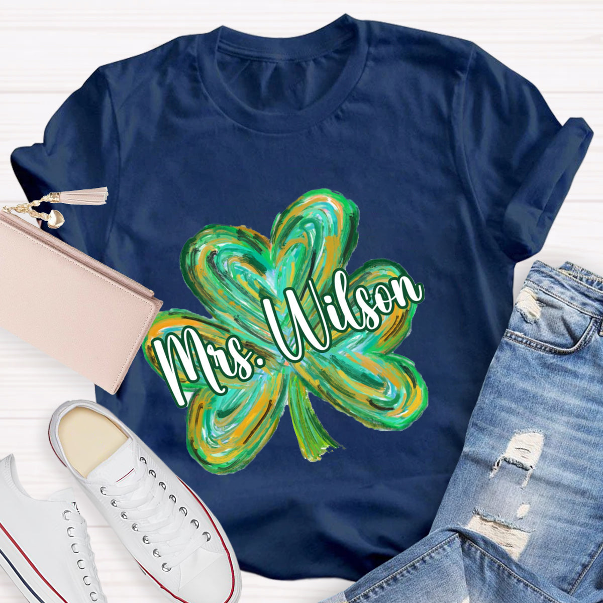 Personalized Name Colorful Shamrock Teacher T-Shirt