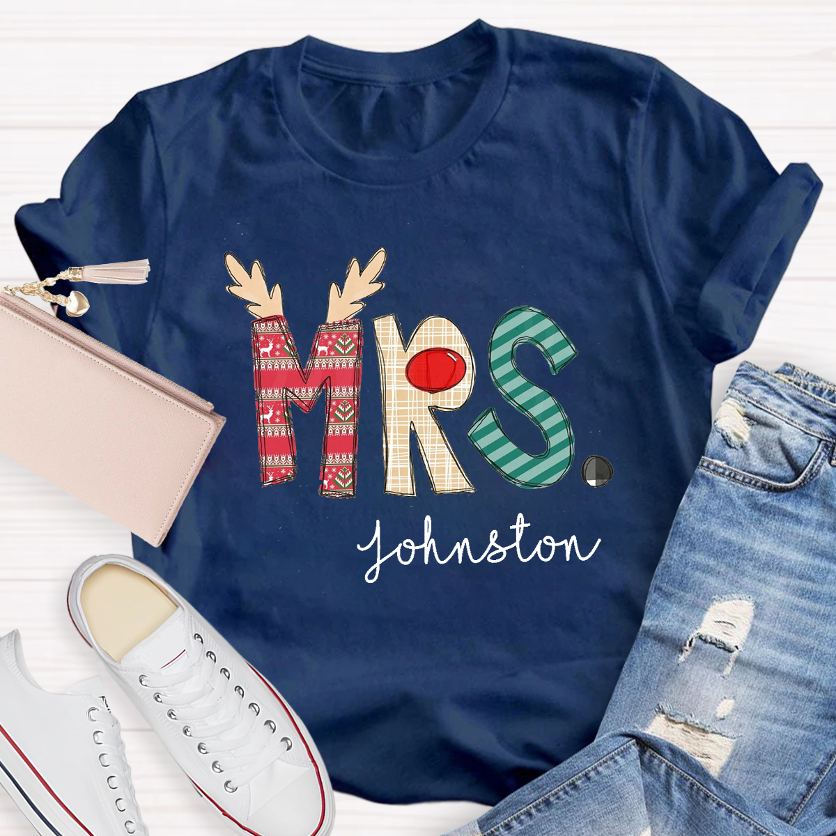 Personalized Christmas Classic Pattern Teacher Name Teacher T-Shirt