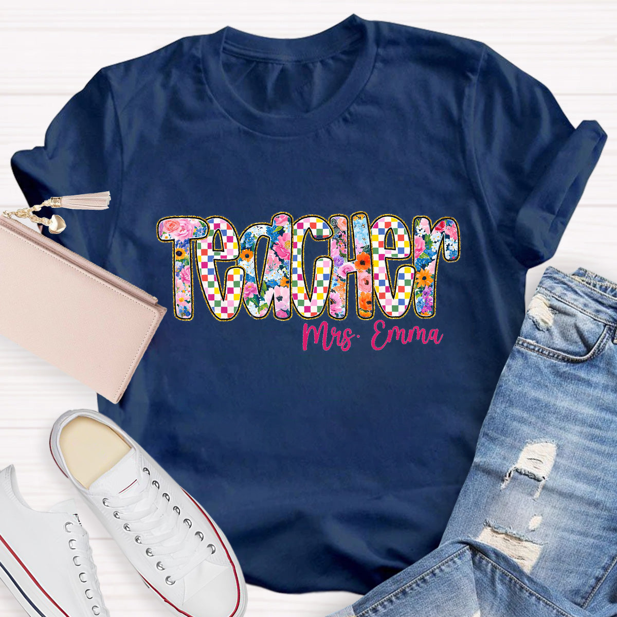 Personalized Name Pink Flowers  Teacher T-Shirt