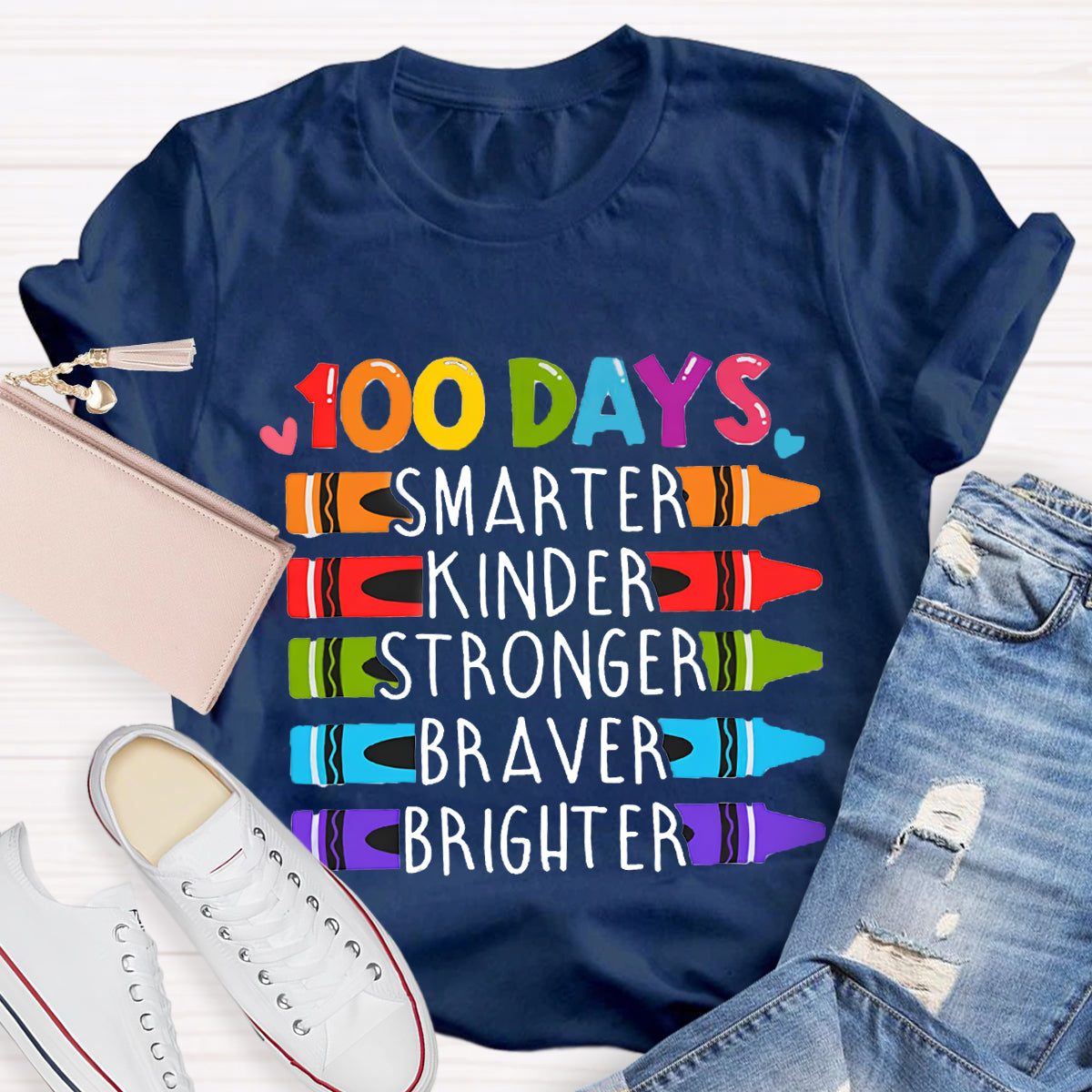 100 Days Smarter Kinder Stronger Crayon T-Shirt