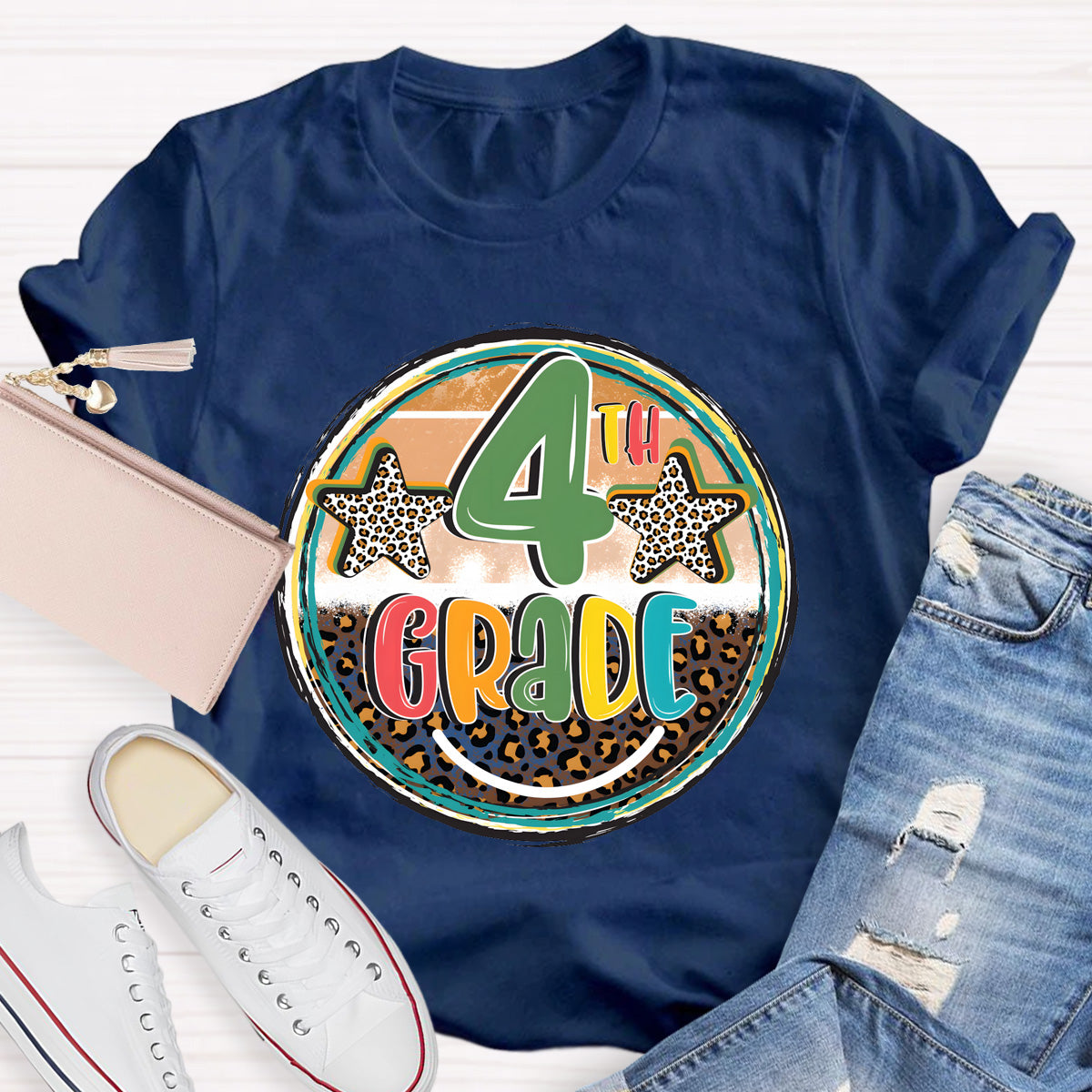 Personalized Grade Leopard Star 4th Grade Teacher T-Shirt