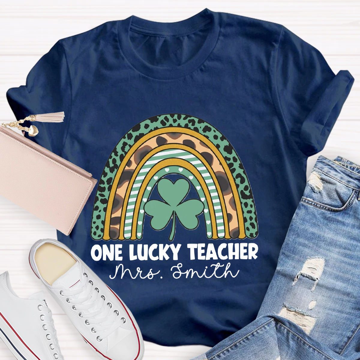 Personalized Name One Lucky Teacher Leopard Rainbow T-Shirt