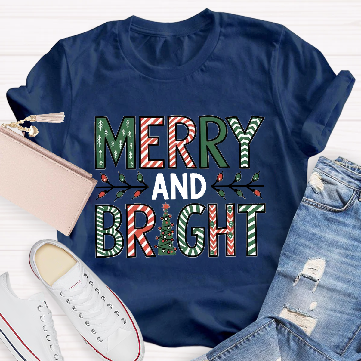 Merry And Bright Christmas Tree Teacher T-Shirt