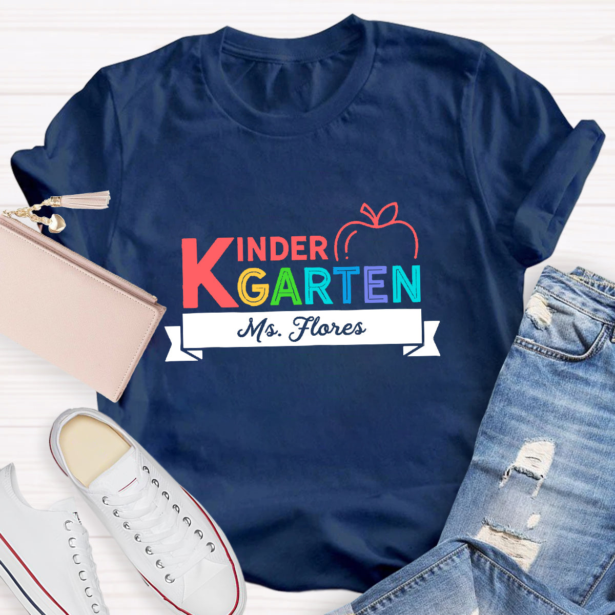 Personalized Kindergarten Teacher's Name  Apple Printed T-Shirt
