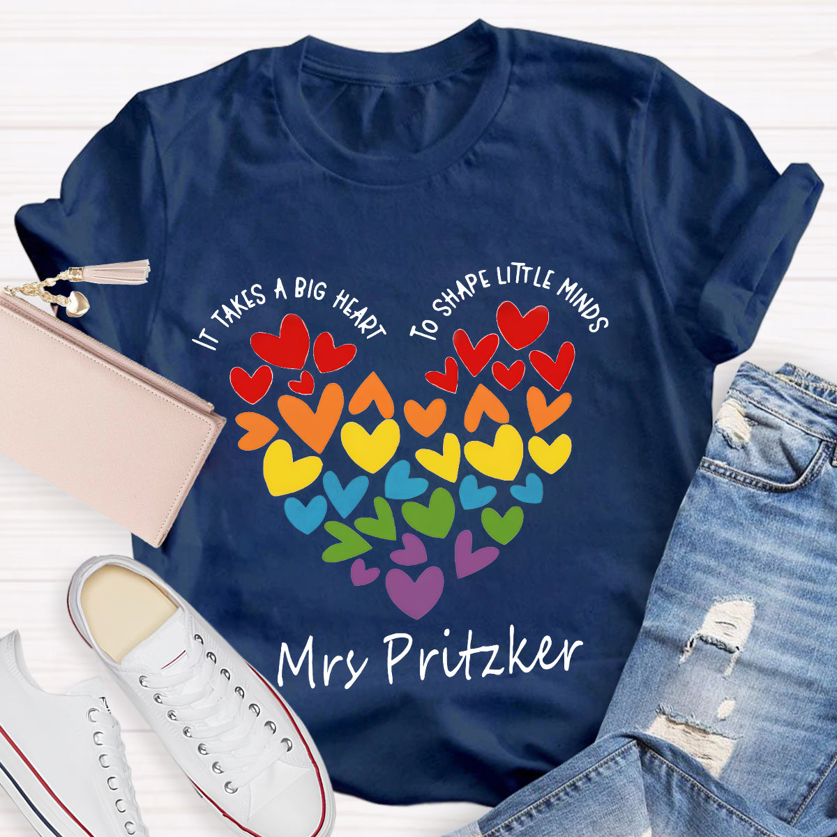 Personalized Name It Takes A Big Heart To Shape Little Minds Teacher T-Shirt