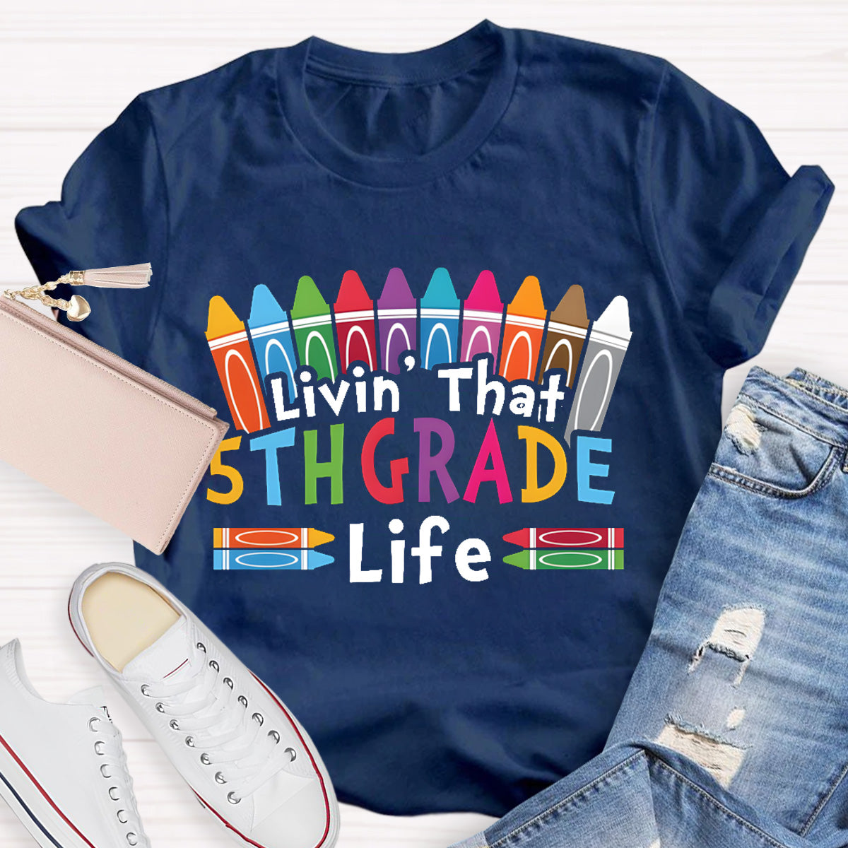 Personalized Grade Livin That 5th Grade Life Teacher T-Shirt