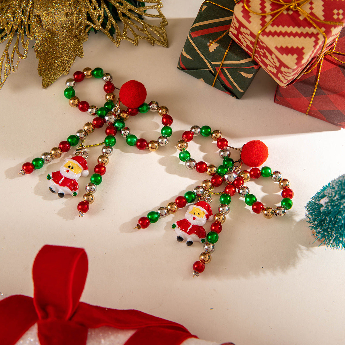 Colorful Beaded Bow Fur Santa Claus Earrings