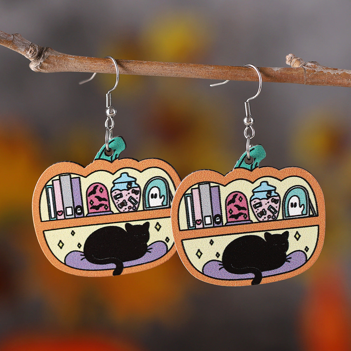 Black Cat Book Apple Pendant Earrings