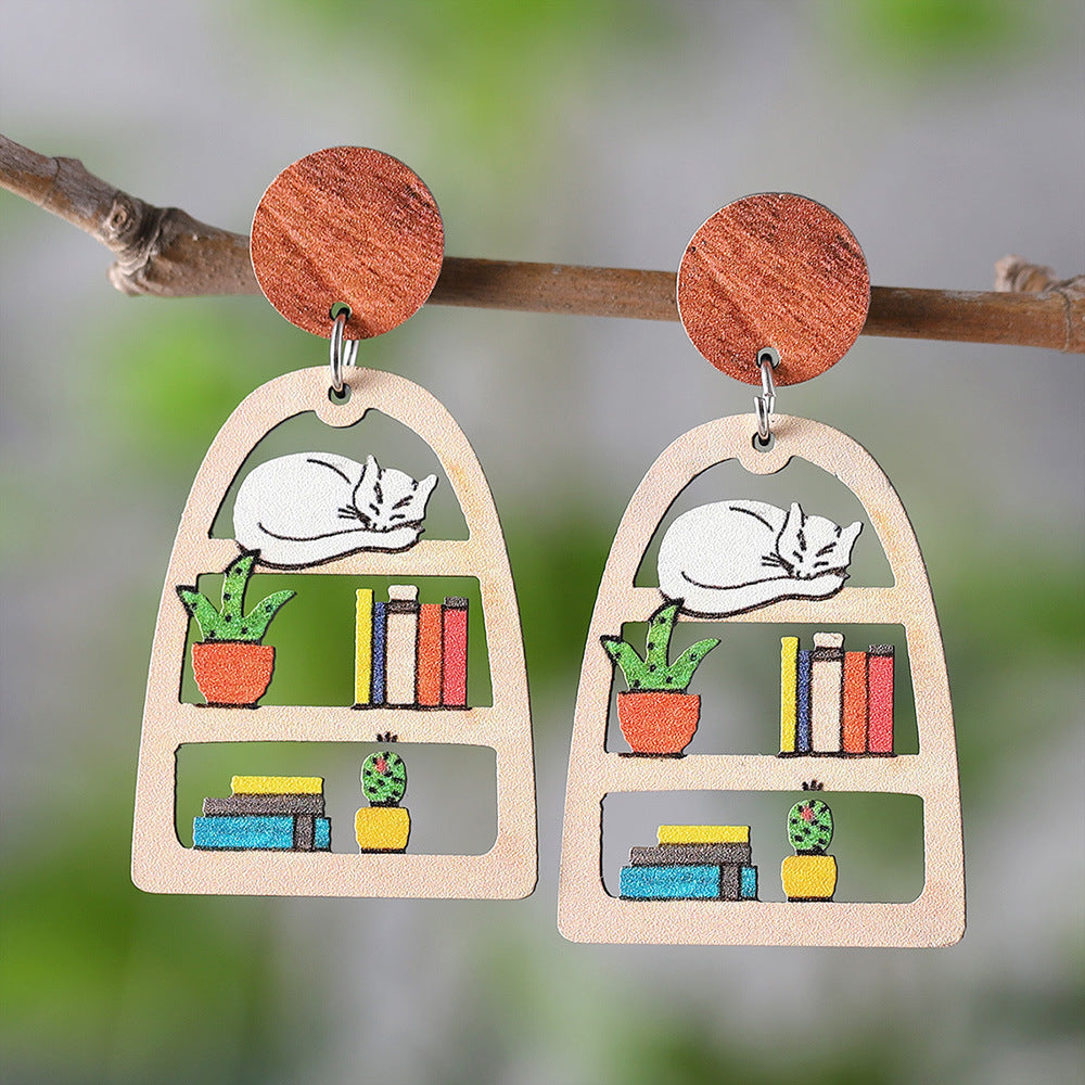 Bookcase Potted Cat Hollow Earrings