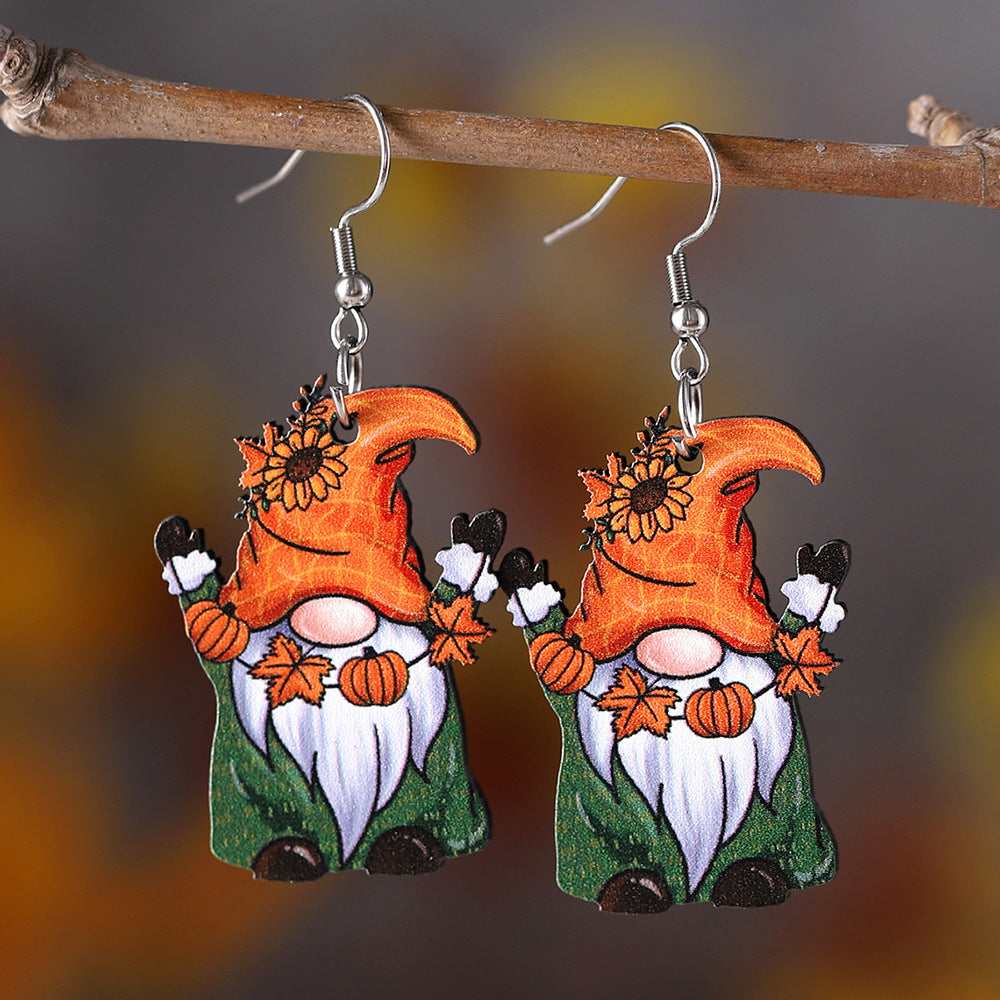 Pumpkin Maple Leaf Cute Gnome Pendant Earrings