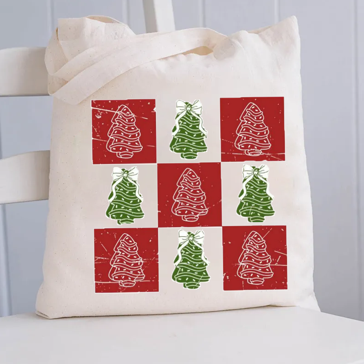 Retro Checkered Christmas Tree Cake Canvas Tote Bag