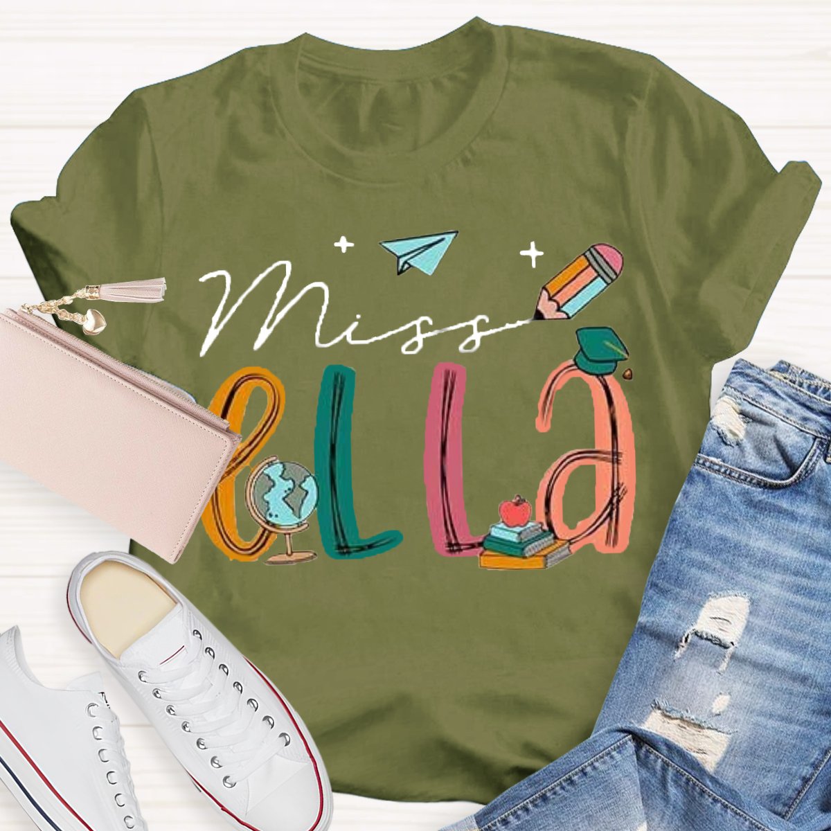 Personalized Name Earth Pencil Design Custom Teacher Shirt