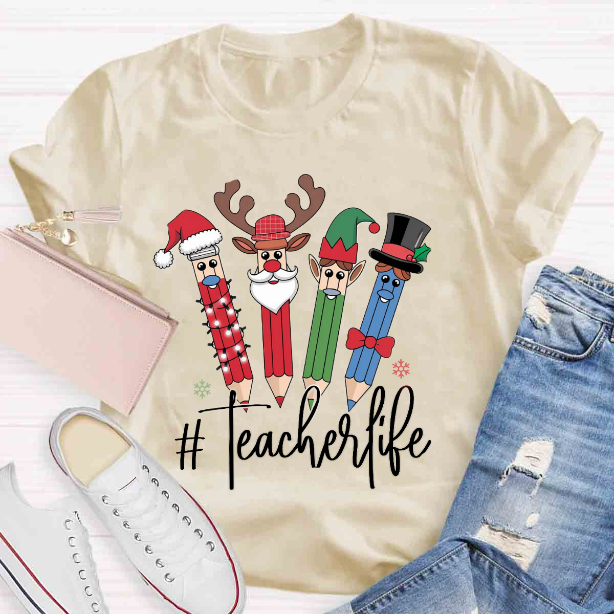 Teacher Life Christmas Pencil Print T-Shirt