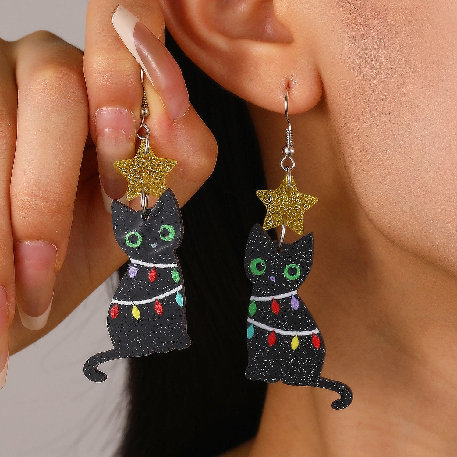 Christmas Tree Kitten Star Acrylic Earrings