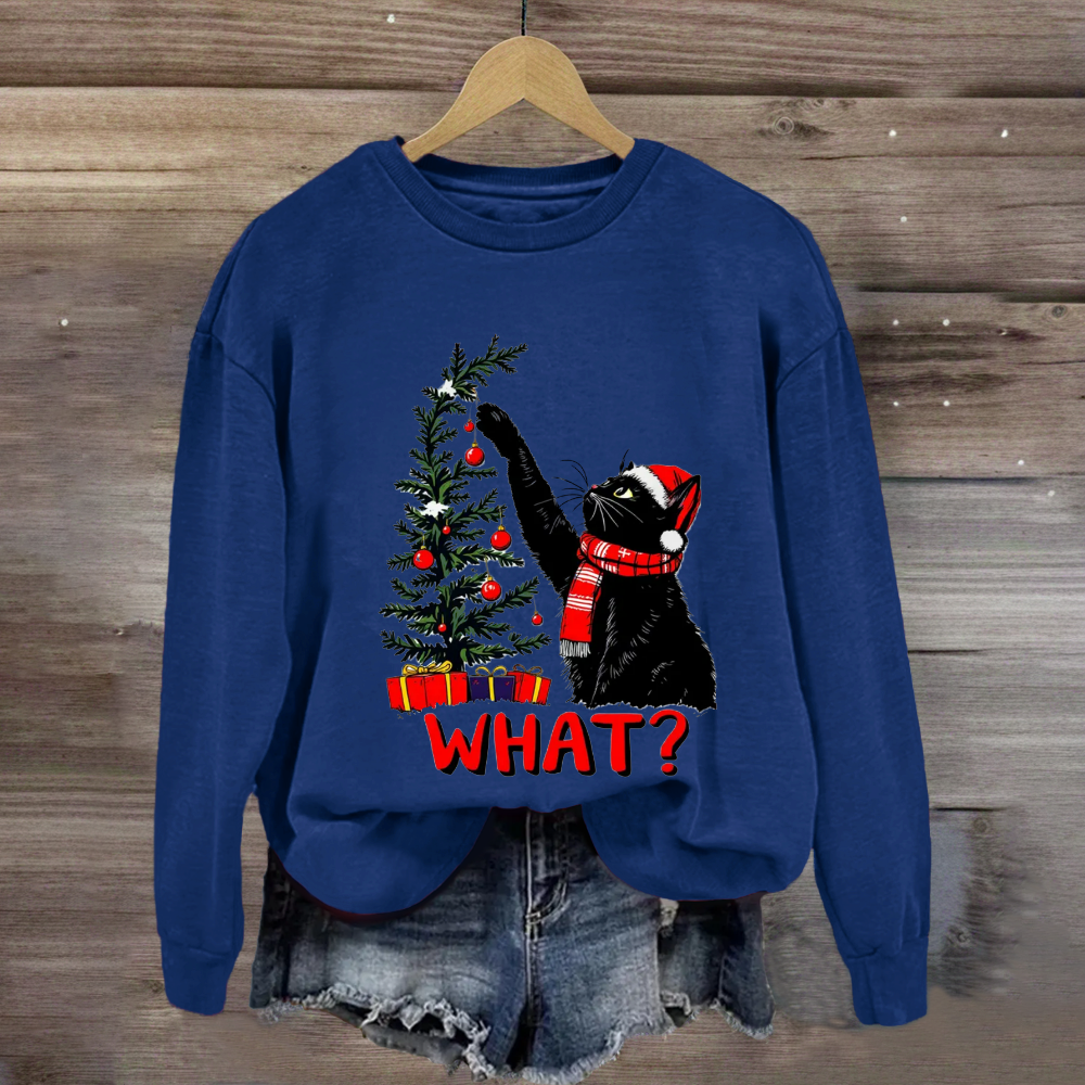 Black Cat Pushing Christmas Tree Sweatshirt