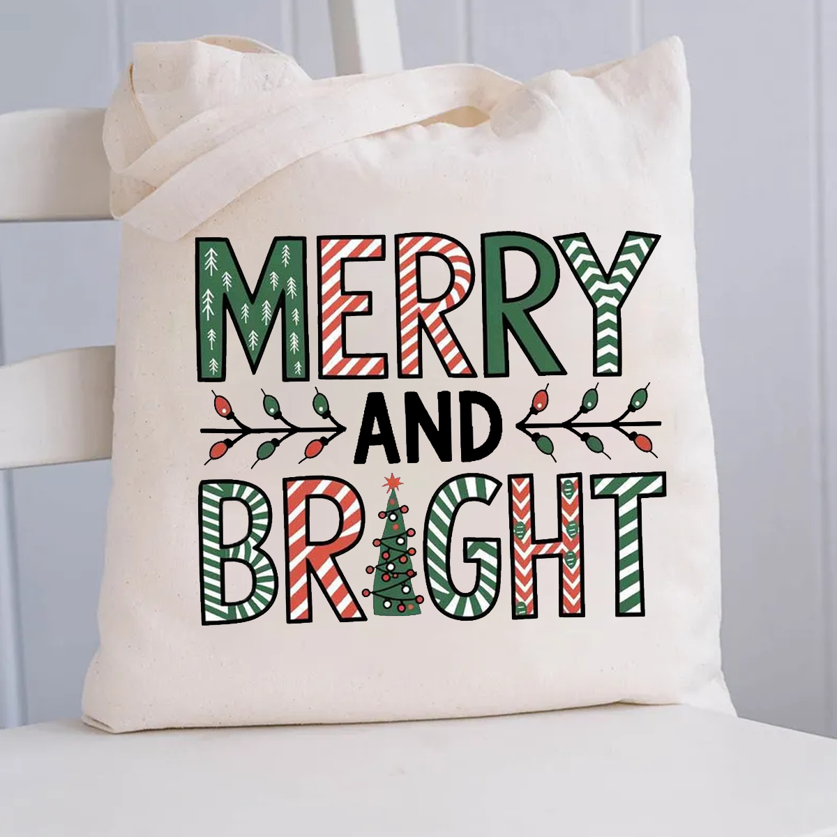 Merry And Bright Christmas Tree Canvas Tote Bag