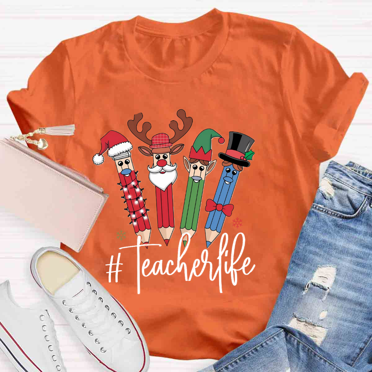 Teacher Life Christmas Pencil Print T-Shirt