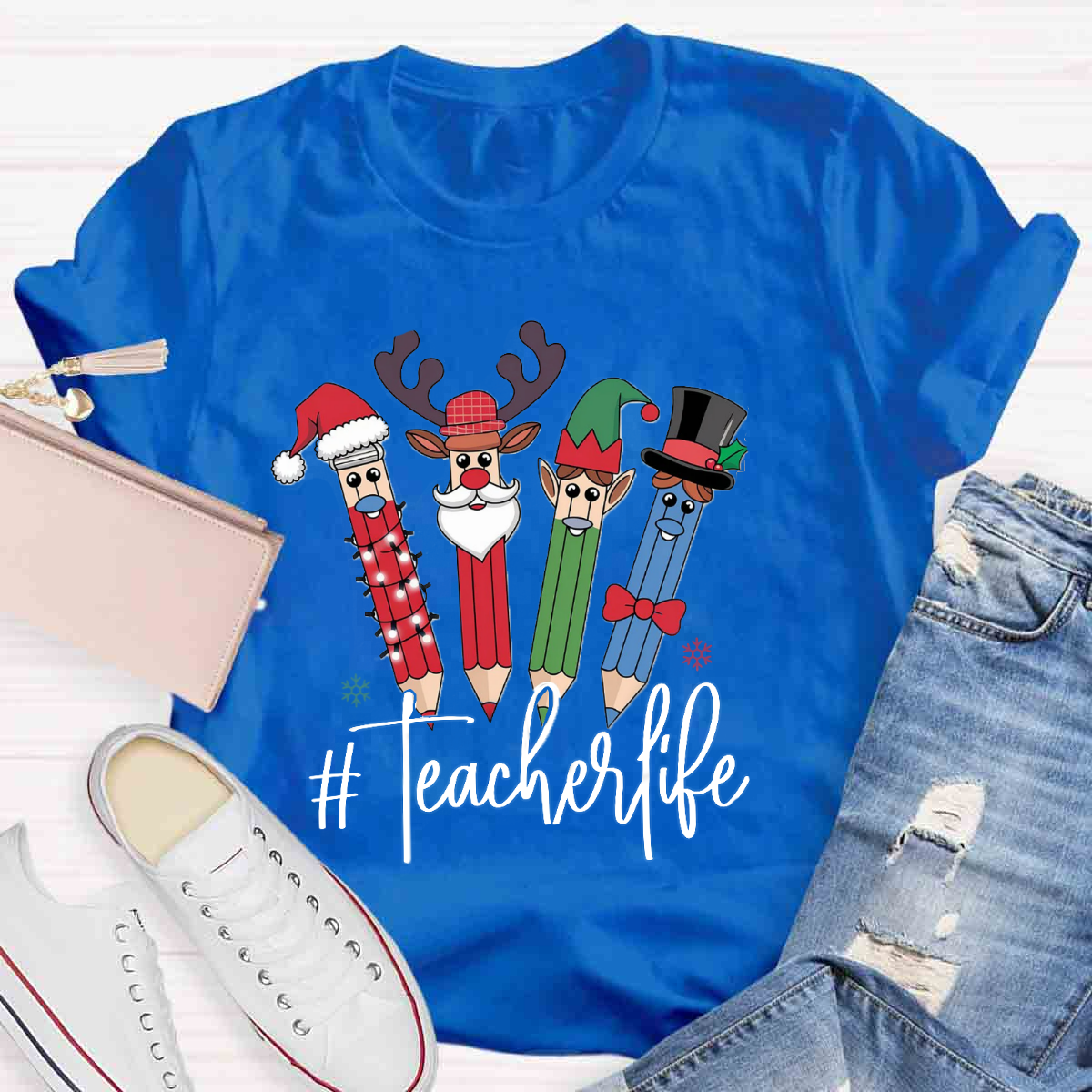 Teacher Life Christmas Pencil Print T-Shirt