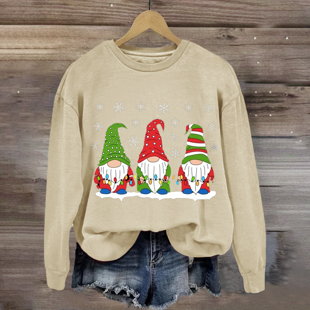 Three Gnomes with tree lights Mounted Print Teacher Sweatshirt