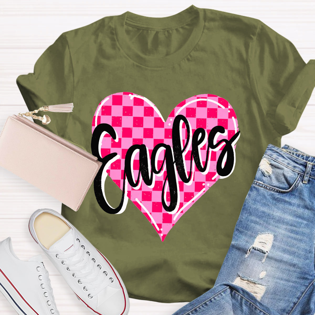 Personalized Mascot Pink Heart Teacher T-Shirt