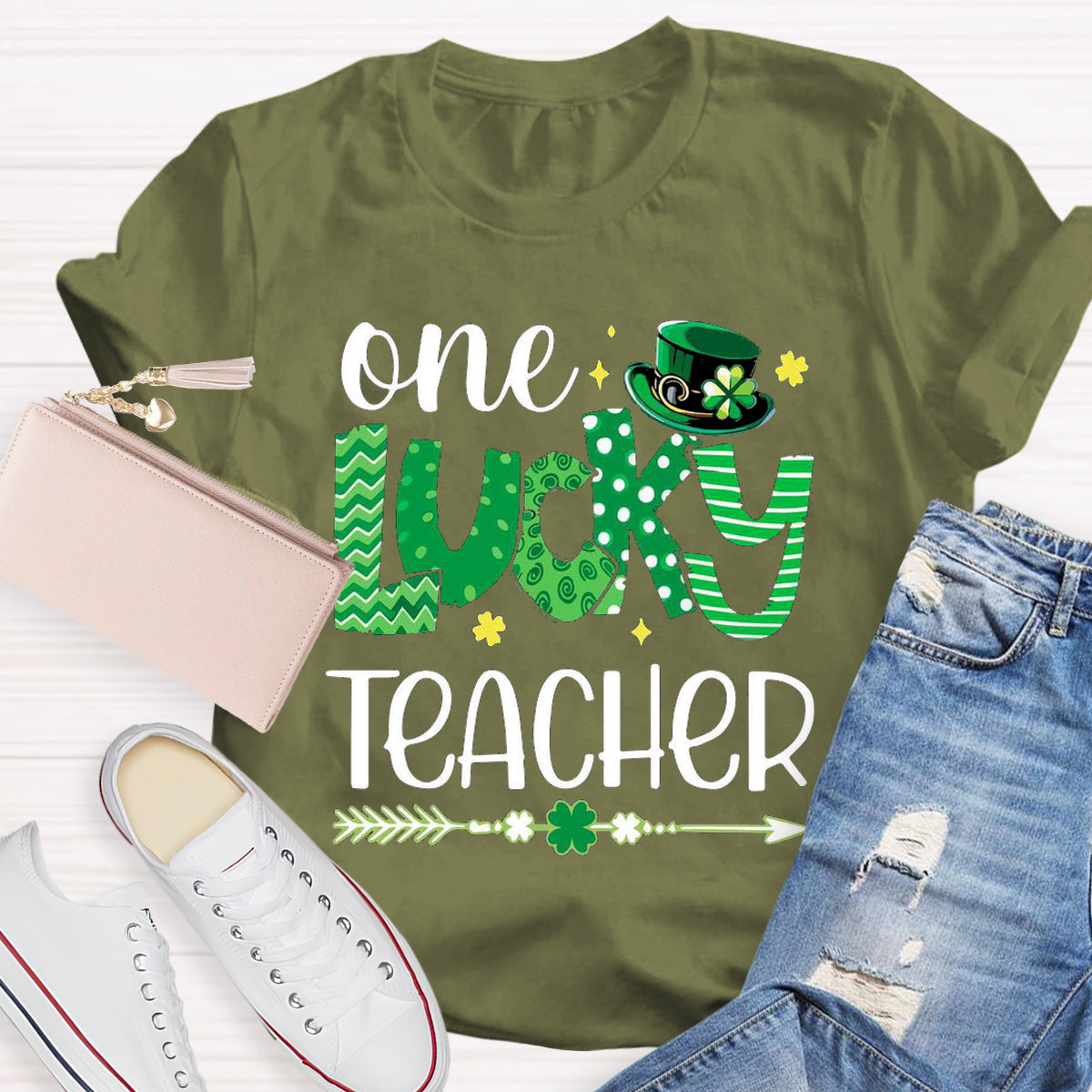 One Lucky Teacher Green Hat T-Shirt