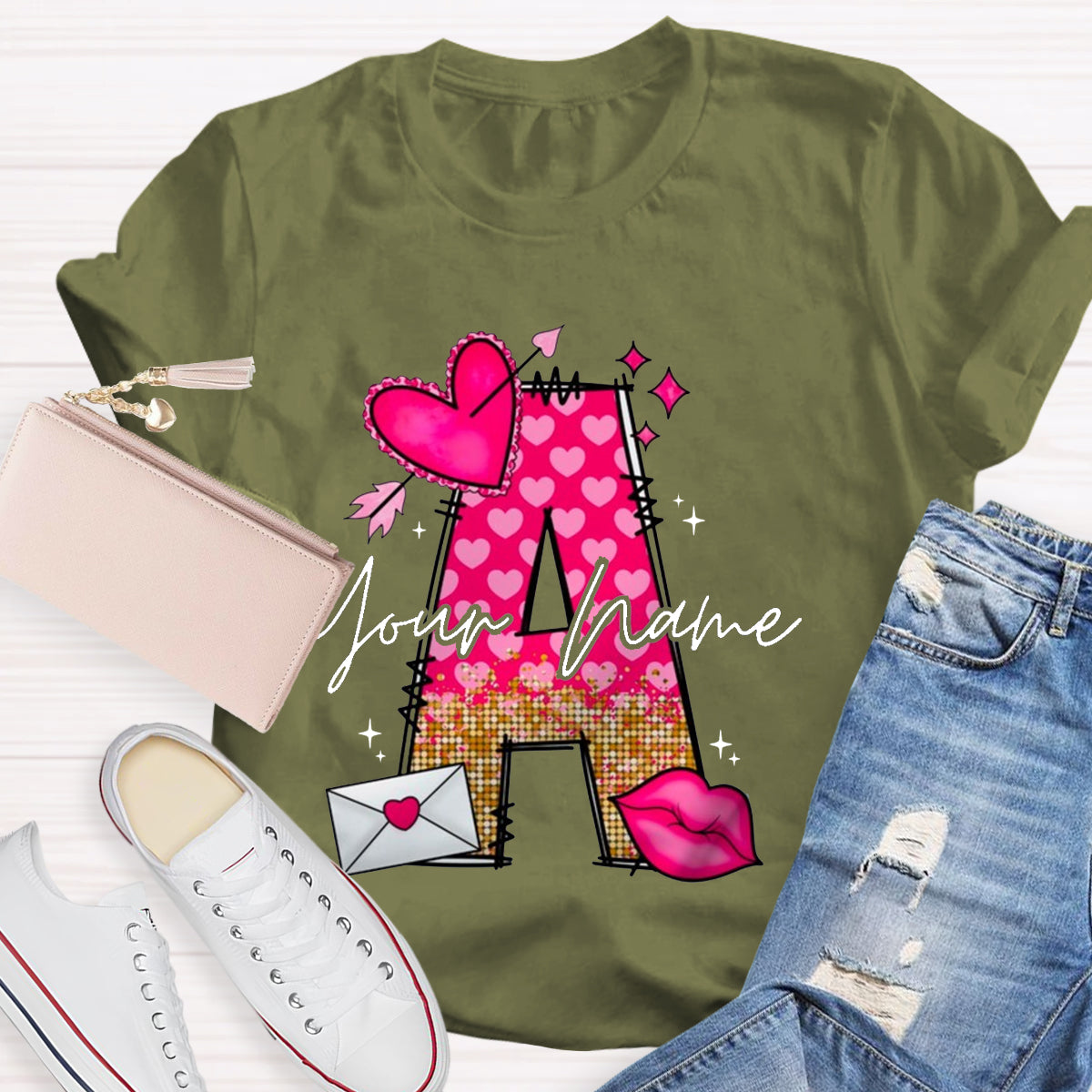 Personalized Name Pink Heart Letter T-Shirt