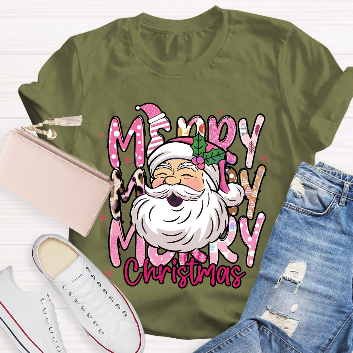 Pink Santa Claus Merry Christmas Teacher T-Shirt