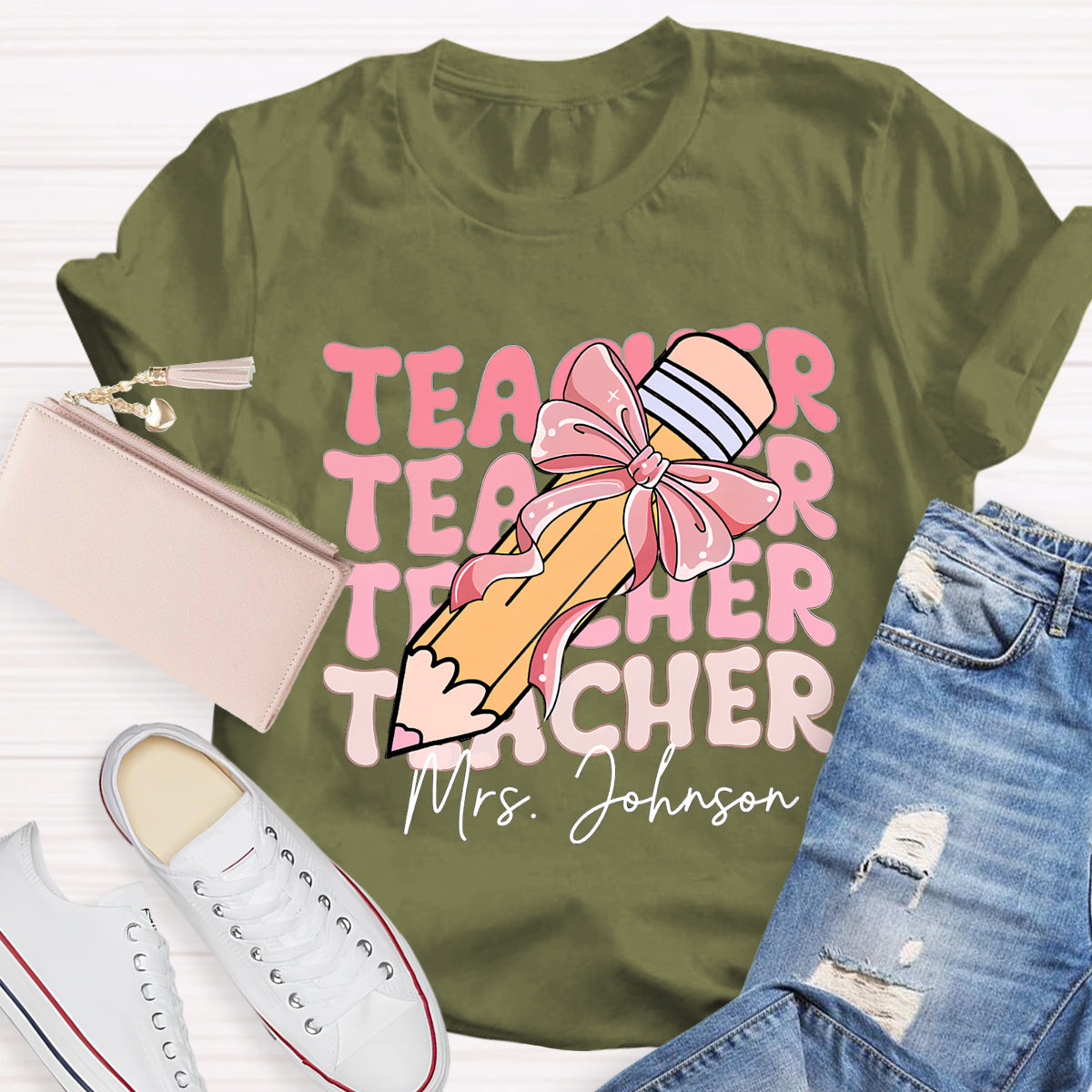 Personalized Name Pink Pencil Teacher Mrs Johnson T-Shirt