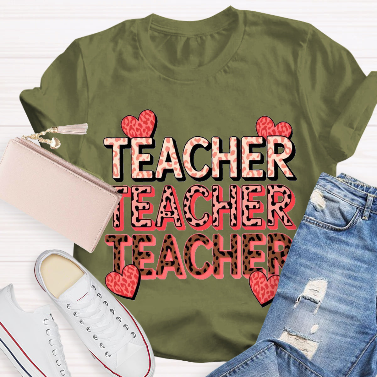 Pink Heart Valentine's Day Teacher T-Shirt