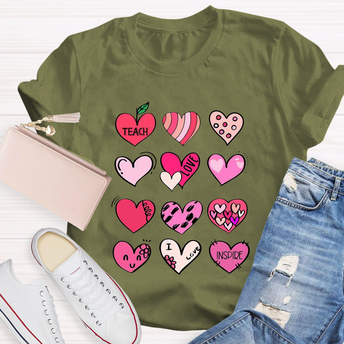 Cartoon Hearts Teach Love Inspire Teacher T-Shirt