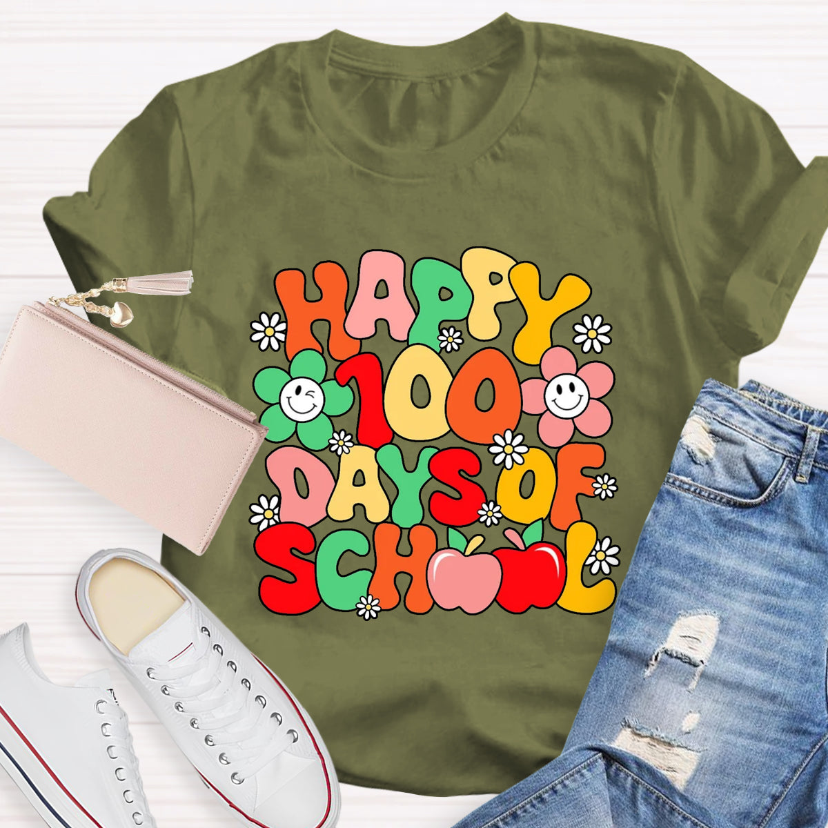 Happy 100 Days Of School Flower Apple T-Shirt