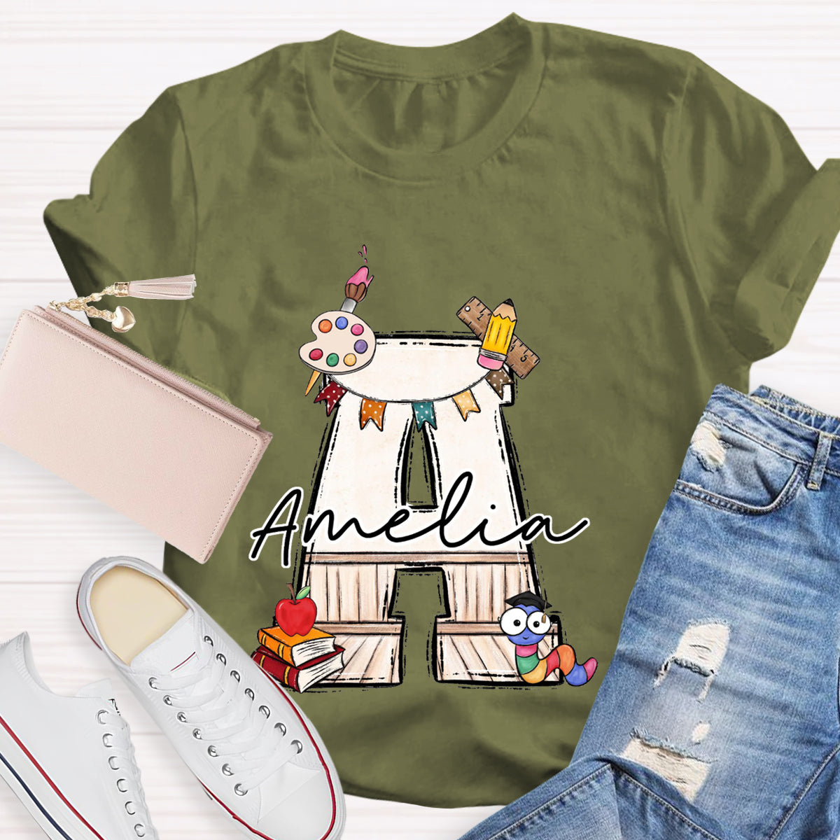 Personalized Name Drawing board And Caterpillar Teacher T-Shirt