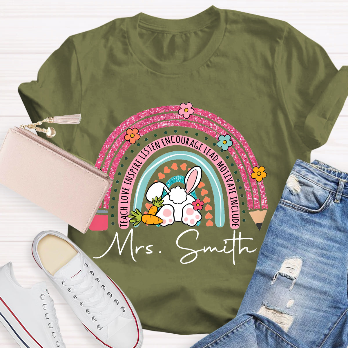 Personalized Name Easter Pink Pencil Rainbow T-Shirt