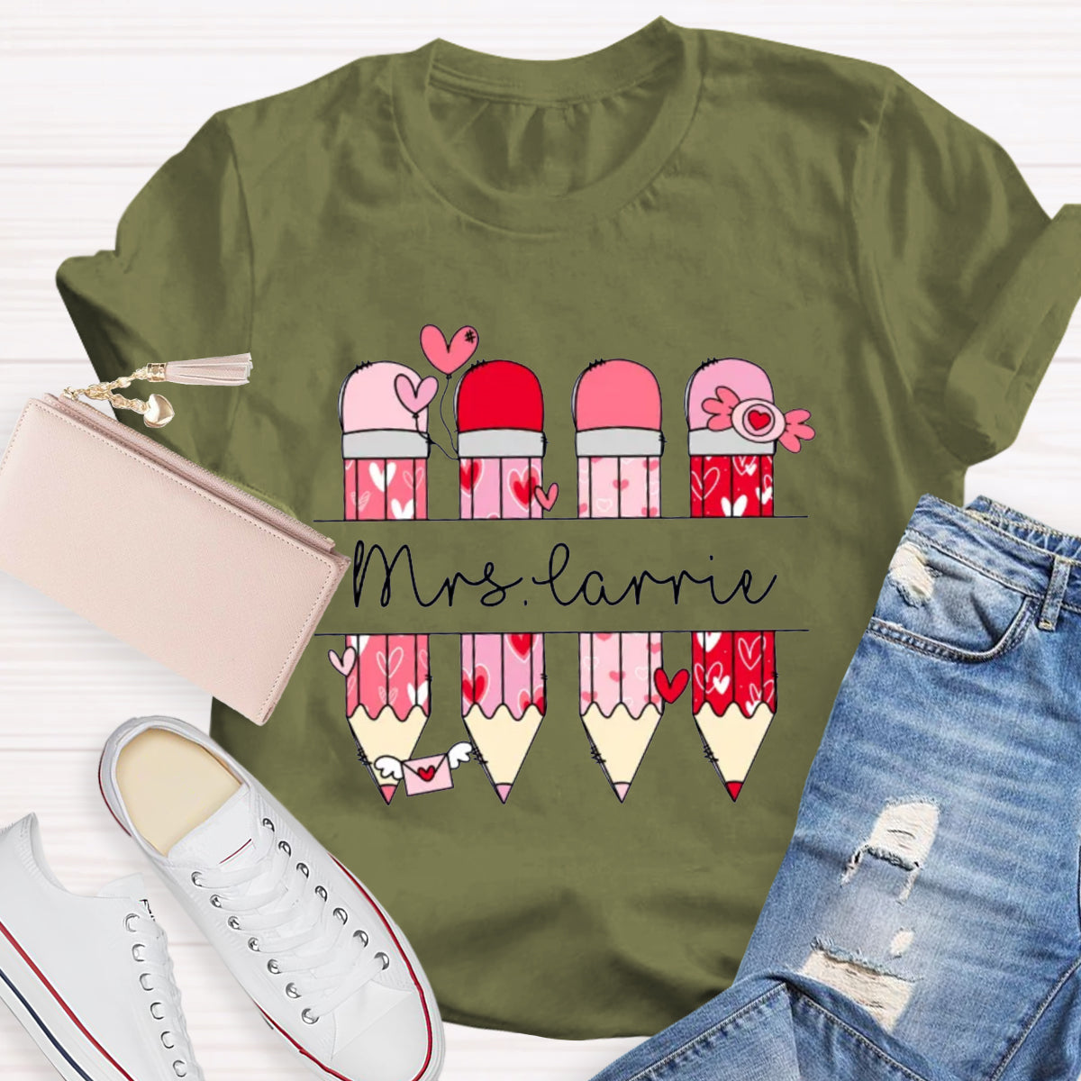 Personalized Name Valentine's Day Pink Pencil Teacher T-Shirt