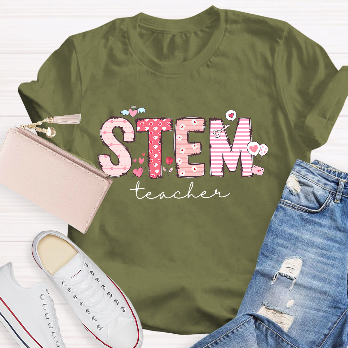 STEM Teacher Pink Heart Printed T-Shirt