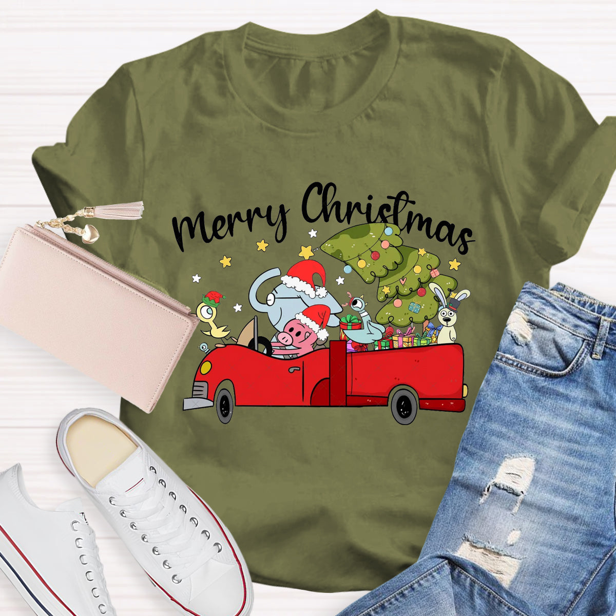 Merry Christmas Animals Driving Cars T-Shirt