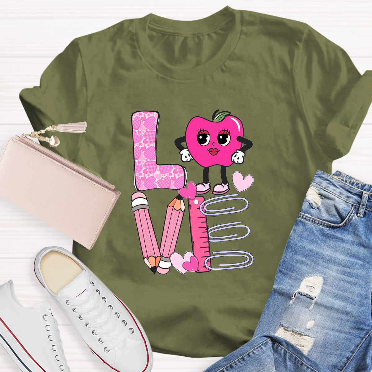 Pink Apple Love Teacher T-Shirt