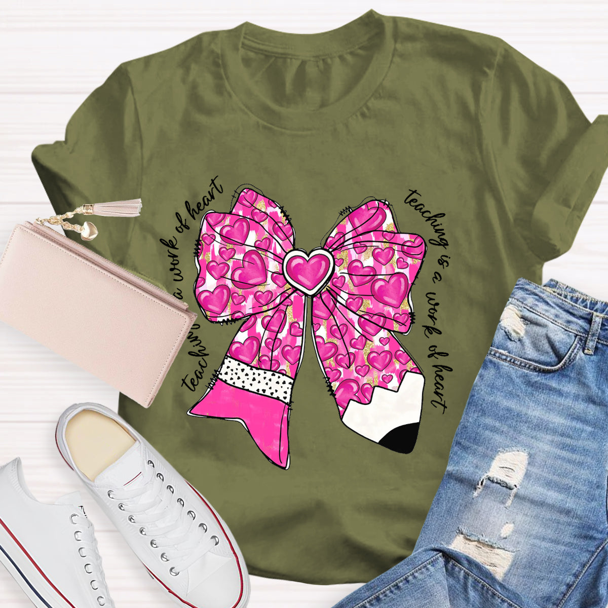 Teaching Is A Work Of Heart Pink Bow Teacher T-Shirt