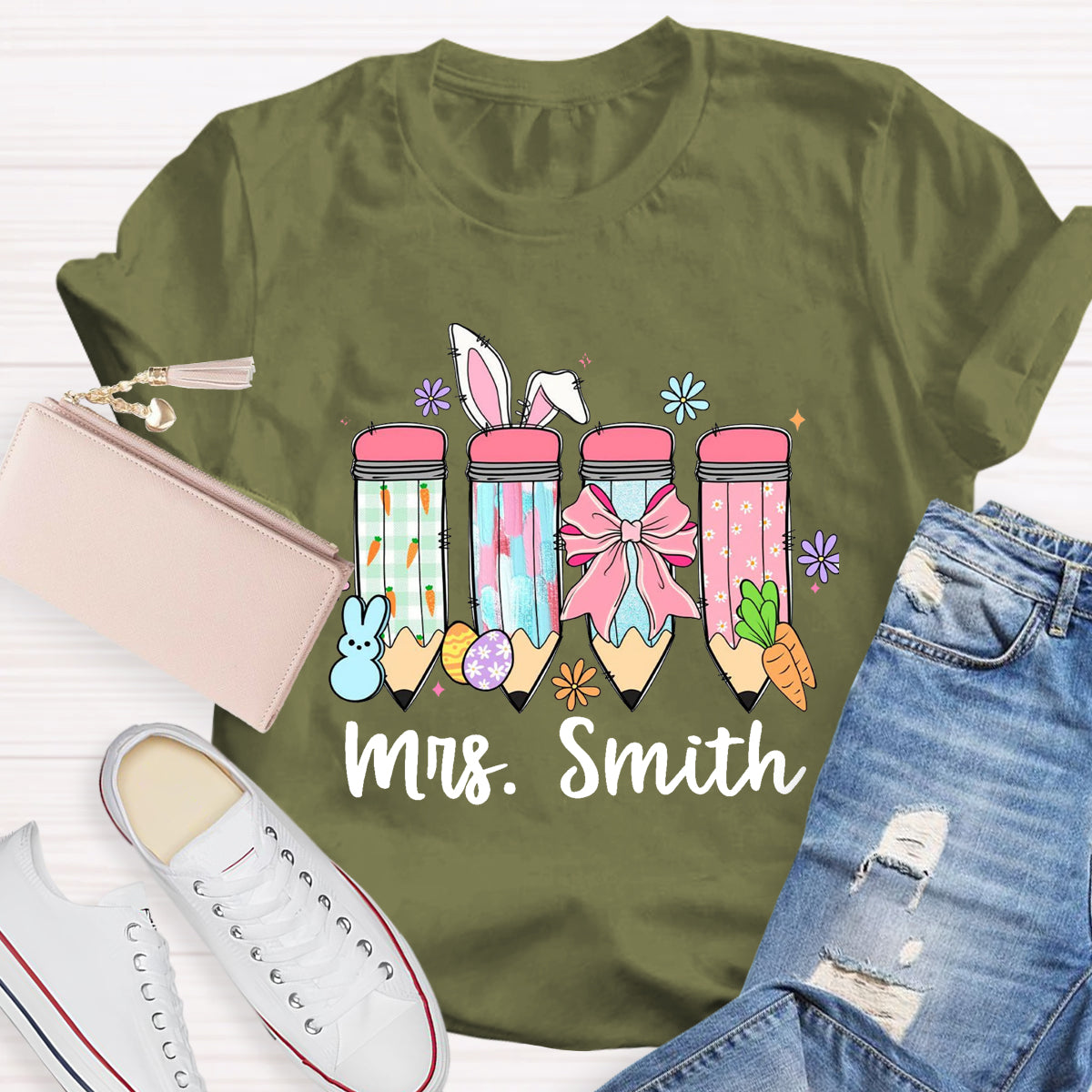 Personalized Name Easter Bunny Carrot Teacher T-Shirt